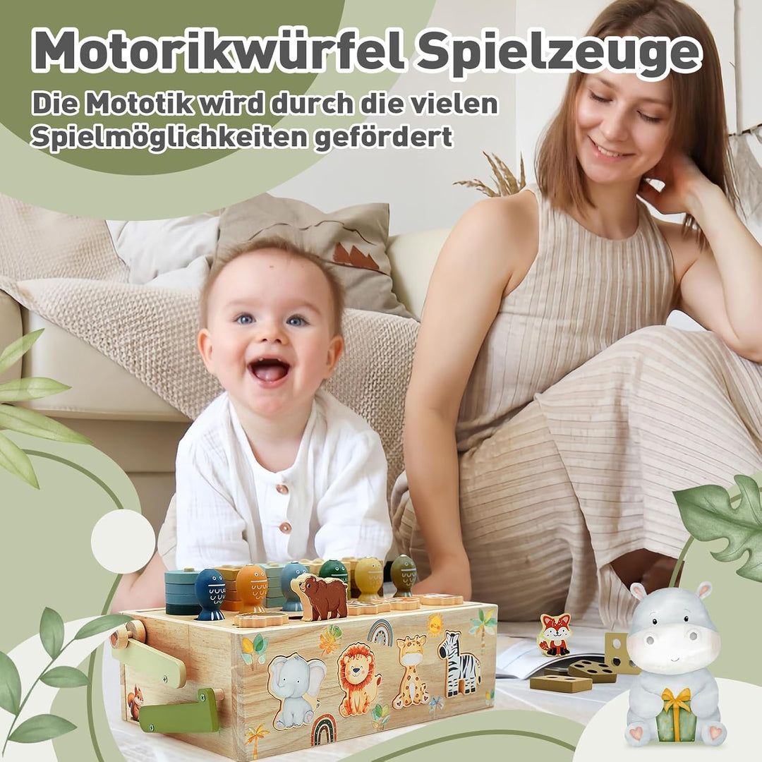 Montessori Spielzeug ab 1 Jahr, Motorikwürfel Aktivitätswürfel aus Holz 9 in 1, Safari Motorikspielz