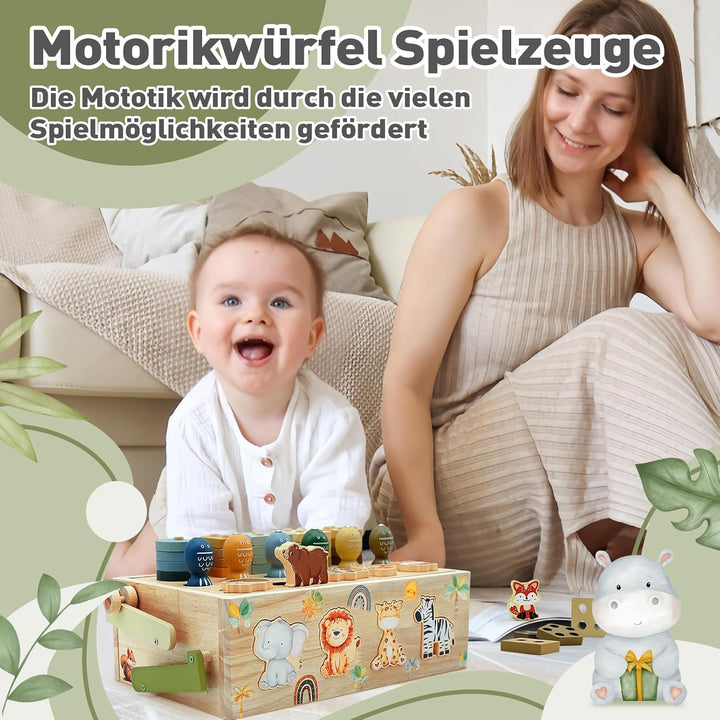 Montessori Spielzeug ab 1 Jahr, Motorikwürfel Aktivitätswürfel aus Holz 9 in 1, Safari Motorikspielz