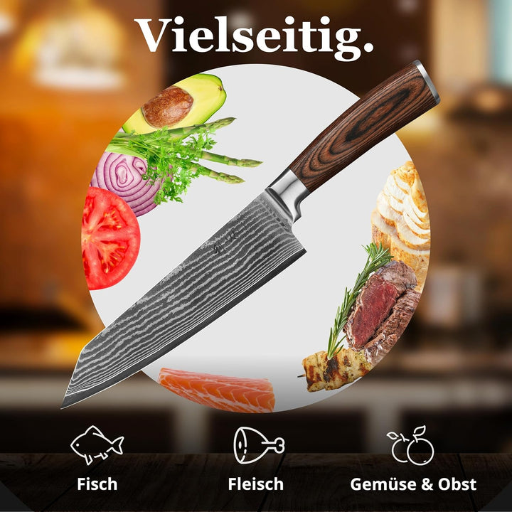 Wakoli EDIB Kiritsuke Messer aus echtem Damaststahl (VG10 Kern) mit 20 cm Klinge – Scharfes Küchenme