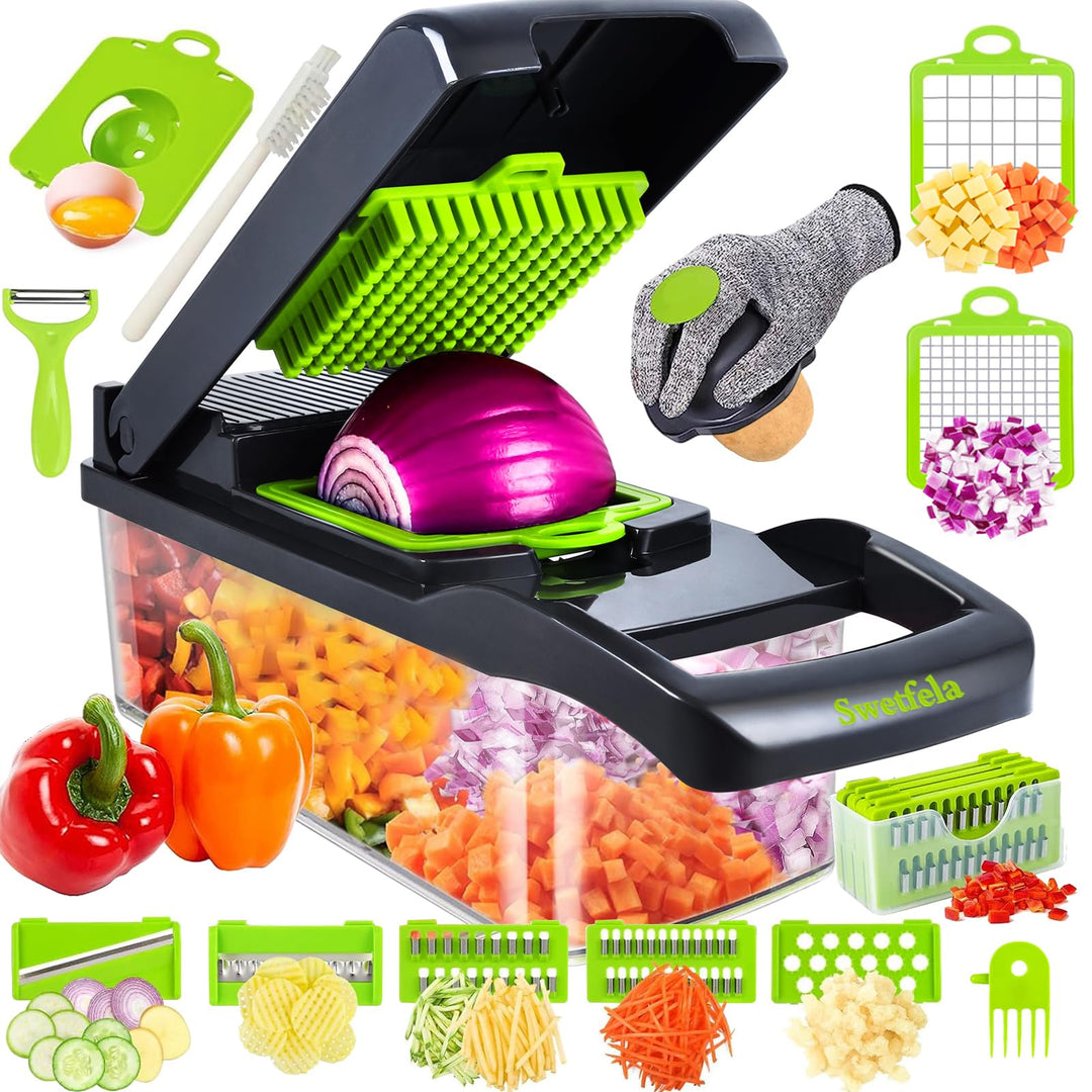 Sweetfela 18-in-1 Gemüseschneider, Multifunktion, Zerkleinerer mit 7 Klingen, Fäustlinge, Reinigungs