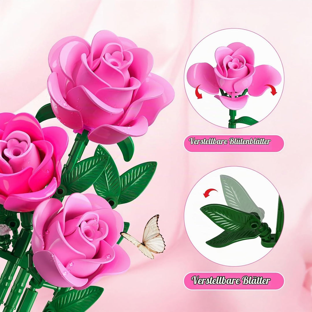 HiWEEGO Rosa Rosen Blumenstrauss Bauset mit LED Licht für Ehefrau Erwachsene | 3,6 MM Rosenstrauss m