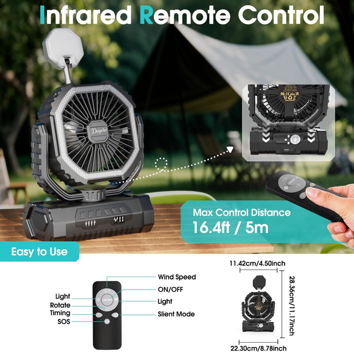 Camping Ventilator 20000mAh, Wiederaufladbarer Tischventilator USB Ventilator mit LED Licht & Haken,
