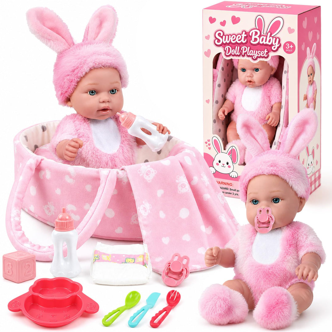 vamei 30 cm Baby Puppe Set mit Puppenzubehör, Geschenk Mädchen ab 3 Jahre