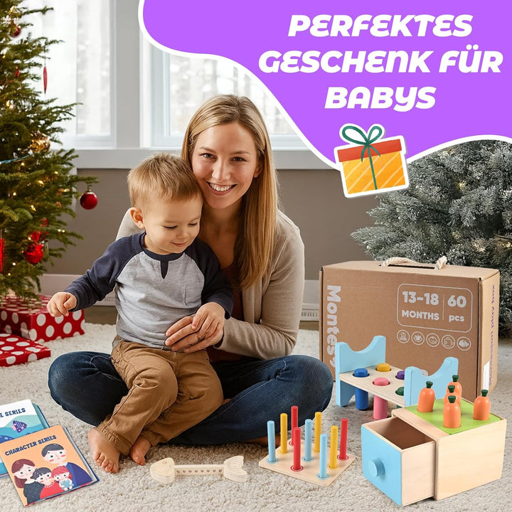 Wooderma Montessori Spielzeug ab 12 Monaten – Holzspielzeug Set mit Sortierspiel, Stapelspiel, Forme