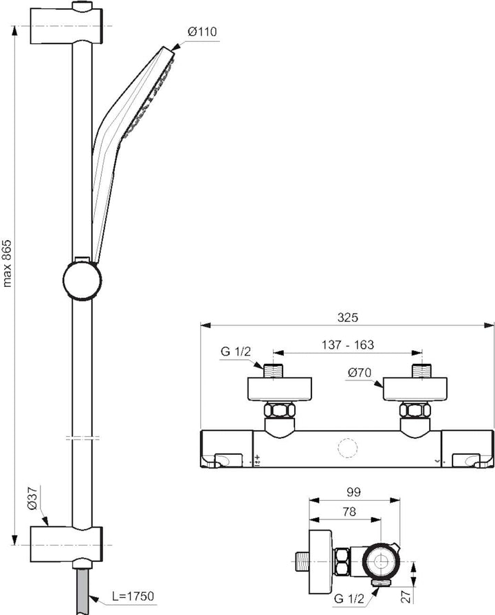 Ideal Standard A7218AA Ceratherm T50 Brausekombination Aufputz, 900mm