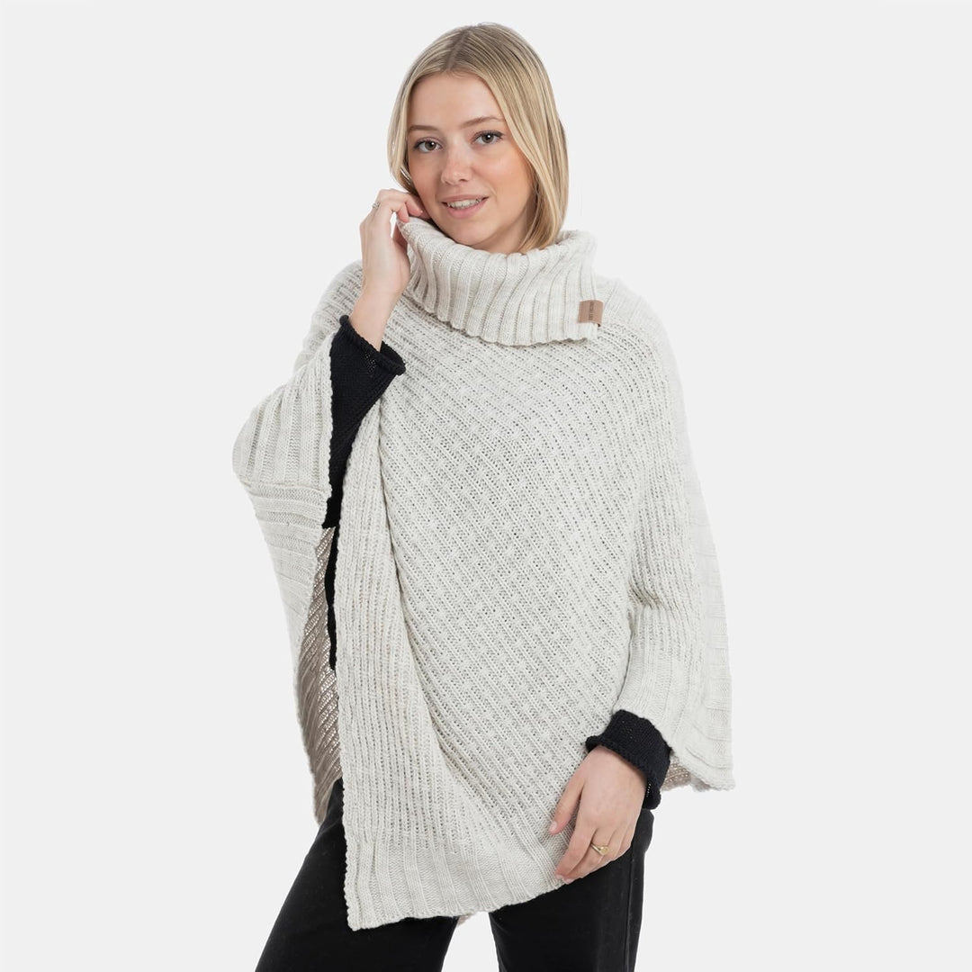 KNIT FACTORY - Nicky Gestrickter Poncho - Damen Strickponcho mit Kragen - Mit Wolle - Hochwertige Qu
