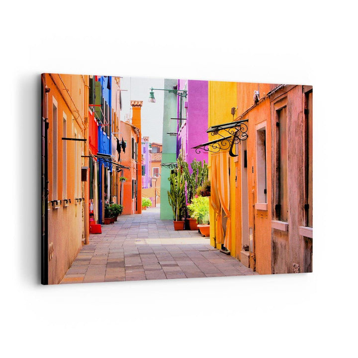 Bilder auf Leinwand 100x70cm Leinwandbild mit Rahmen Sommer Strasse Haus Gross Wanddeko Bild Schlafz