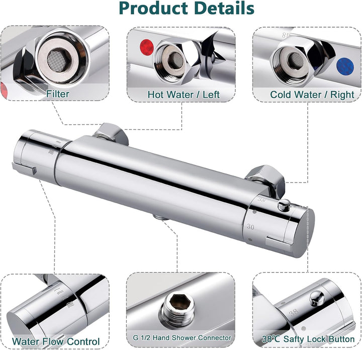 Duscharmatur mit Thermostat, Aufputz Mischbatterie Dusche mit 38°C Sicherheitstaste, Chrom Thermosta