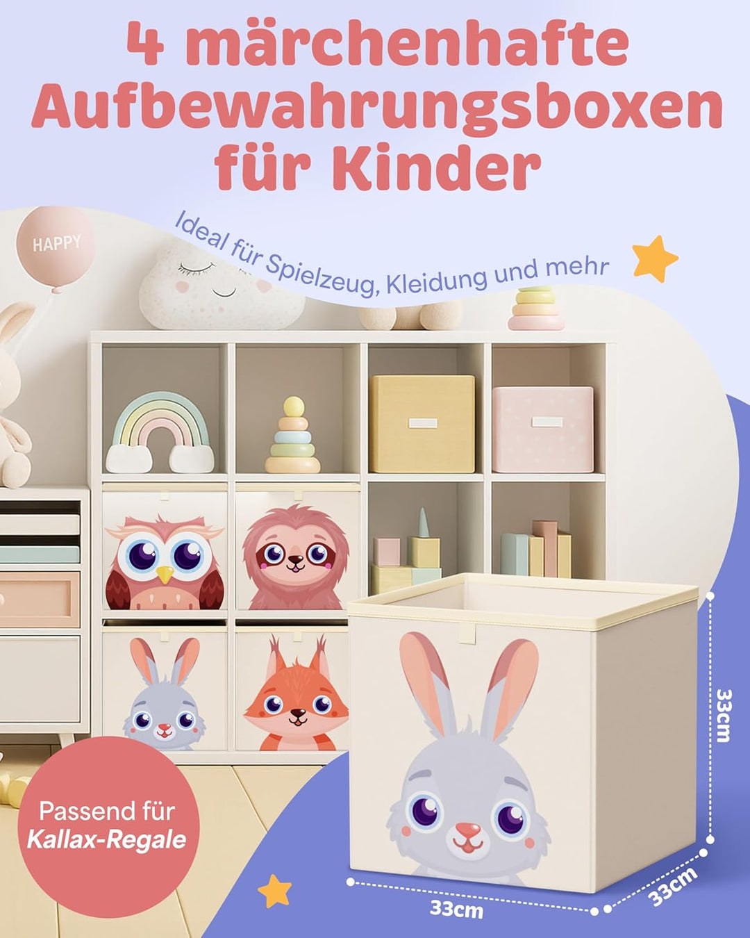Aufbewahrungsbox Kinderzimmer 4er Set – Kallax Boxen Kinder, praktische Organizer Kinderzimmer, Spie