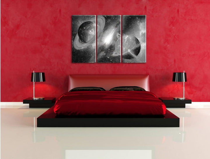 Pixxprint Ausgleich im Weltall Kunst Kohle Effekt 3-Teiler Leinwandbild 120x80 Bild auf Leinwand