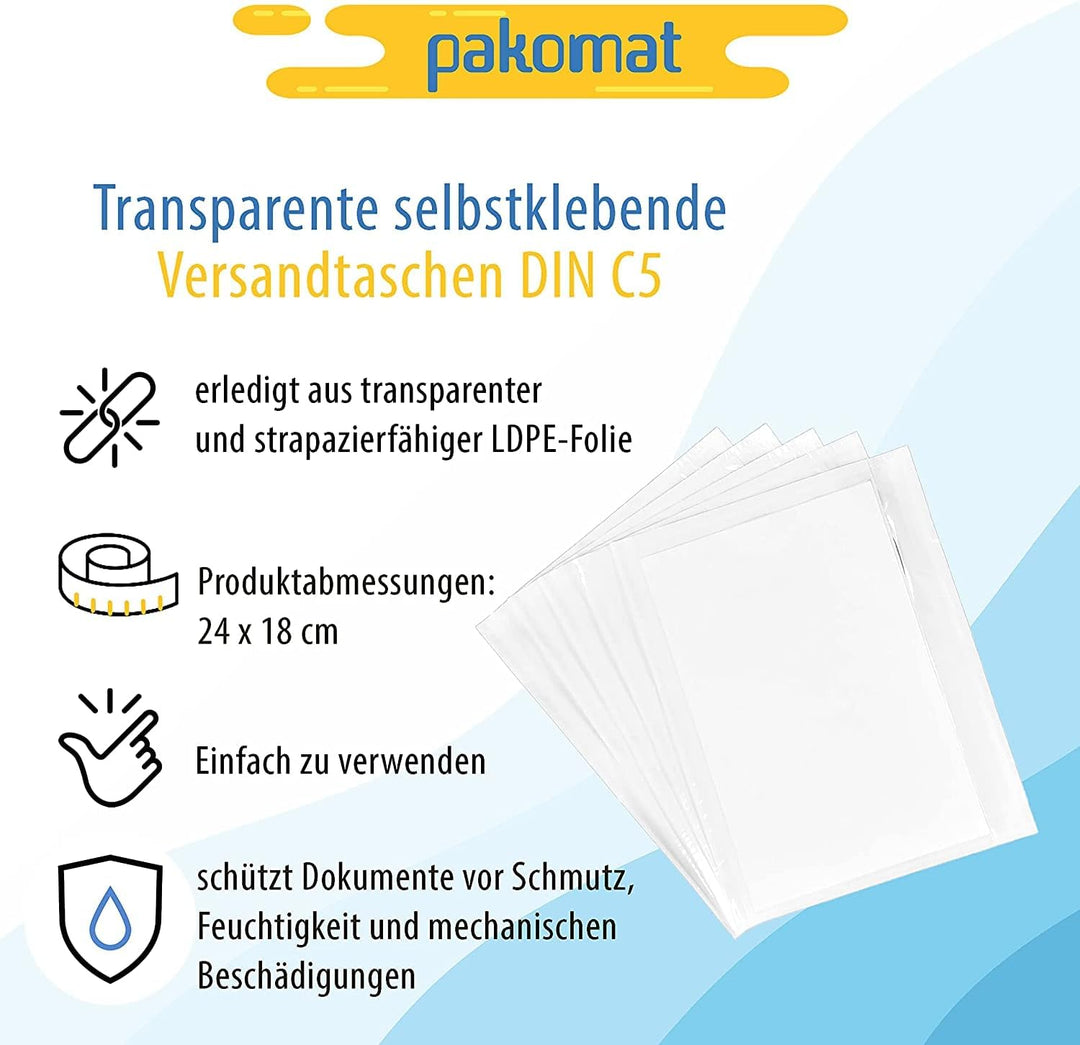 Pakomat Lieferscheintaschen Dokumenttaschen DIN C5 für A5 transparent selbstklebend (1000), 1000