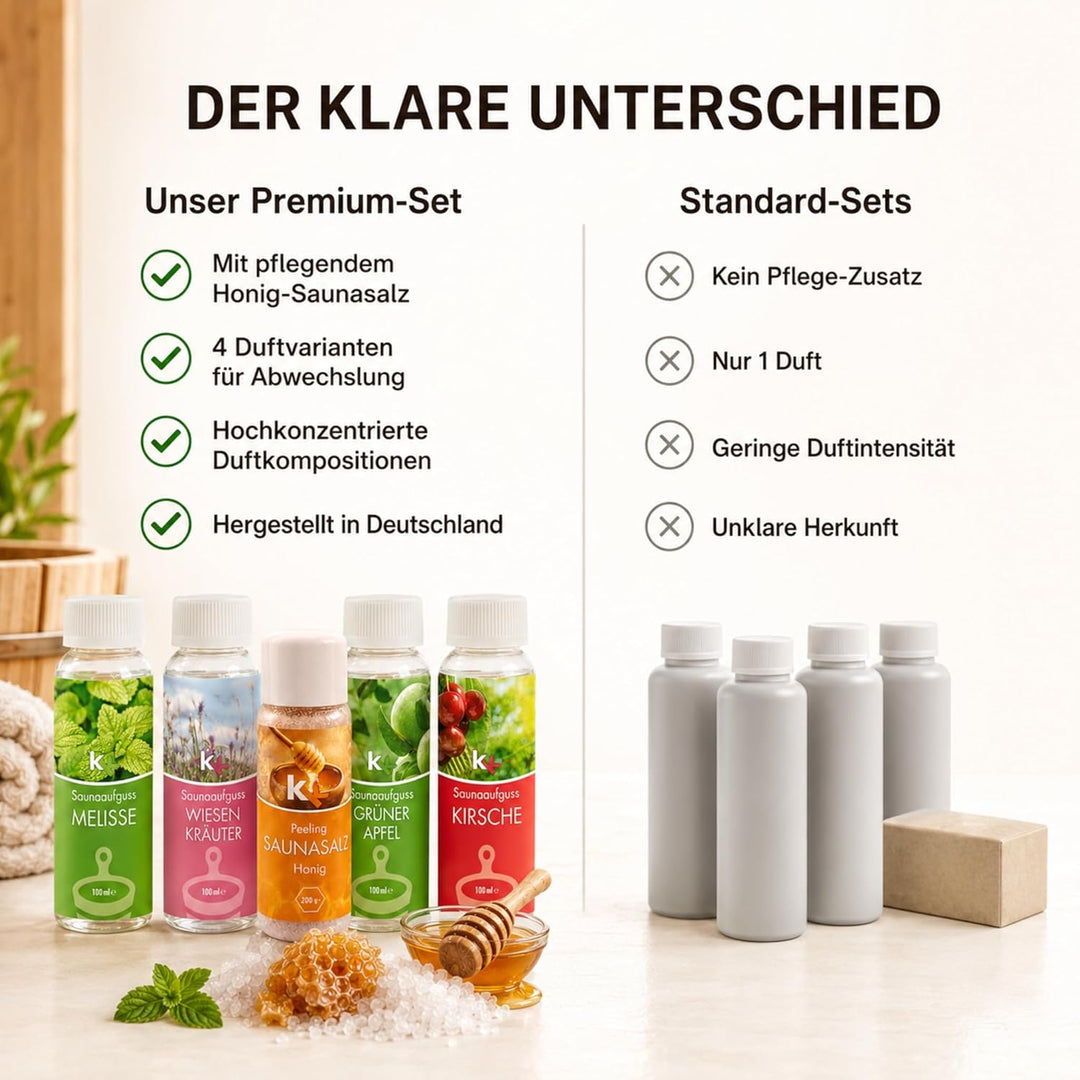 KK Sauna -Set mit Salz Peeling | KK Saunaaufgussset"Altes Land" 4 x 100 ml + 200 g KK Saunasalz"Honi