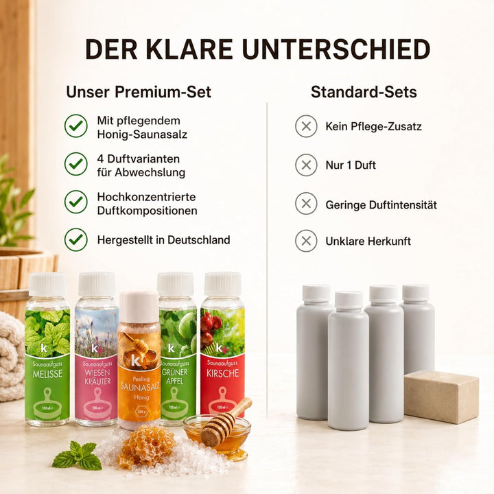 KK Sauna -Set mit Salz Peeling | KK Saunaaufgussset"Altes Land" 4 x 100 ml + 200 g KK Saunasalz"Honi