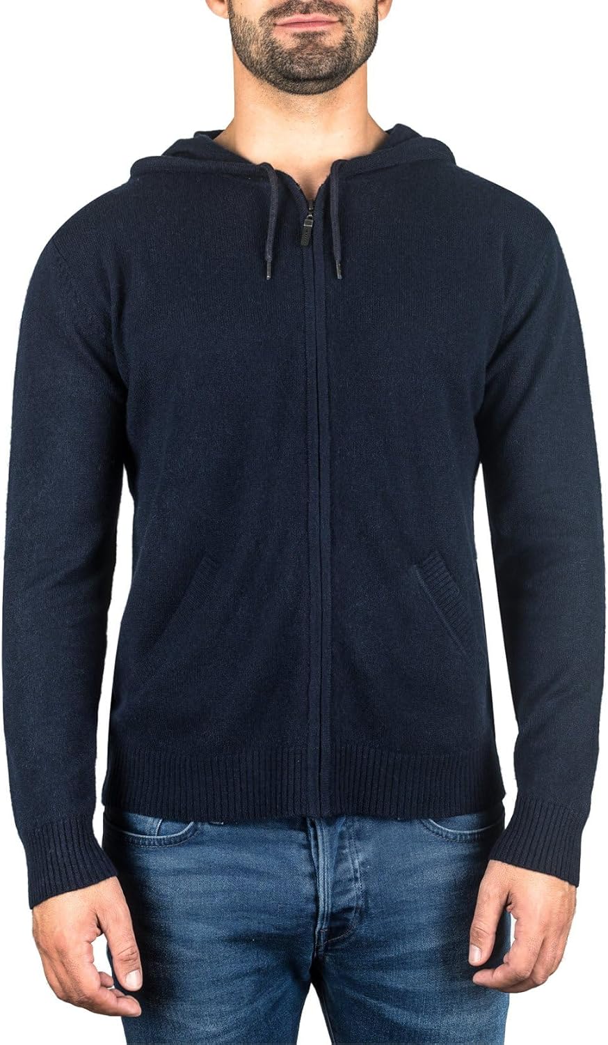 CASH-MERE.CH 100% Kaschmir Herren Kapuzenpullover | Hoodie mit Reissverschluss L Marine, L Marine