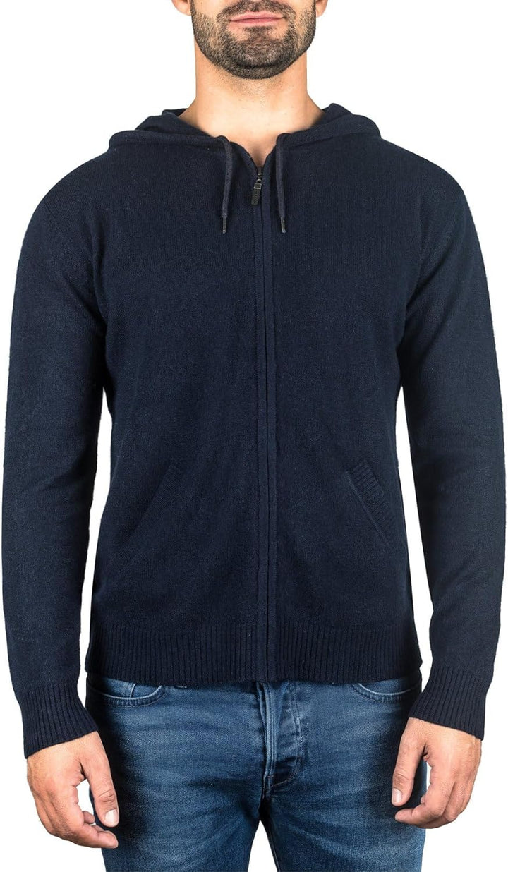 CASH-MERE.CH 100% Kaschmir Herren Kapuzenpullover | Hoodie mit Reissverschluss L Marine, L Marine