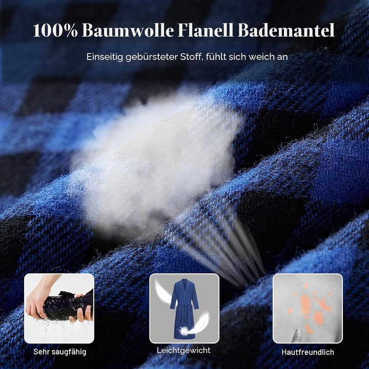 FashGudim Herren Buffalo-Karo 100% Baumwollflanell Bademantel mit Schalkragen Leichter, langer Morge