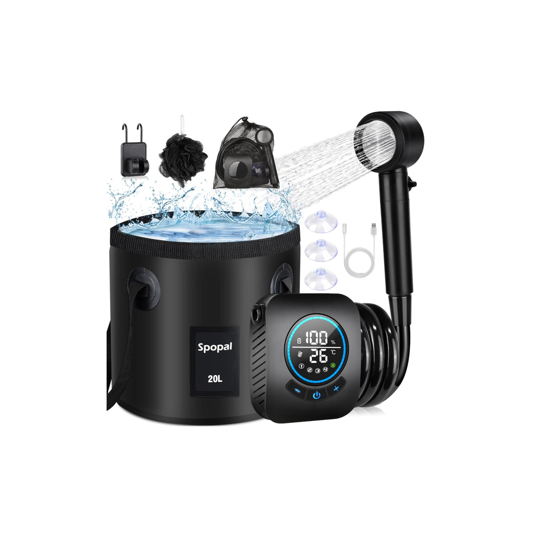 Spopal Campingdusche Tragbare, [mit 20L Klappbarer Eimer] Camping Dusche, 8000mAh Camping Dusche Akk