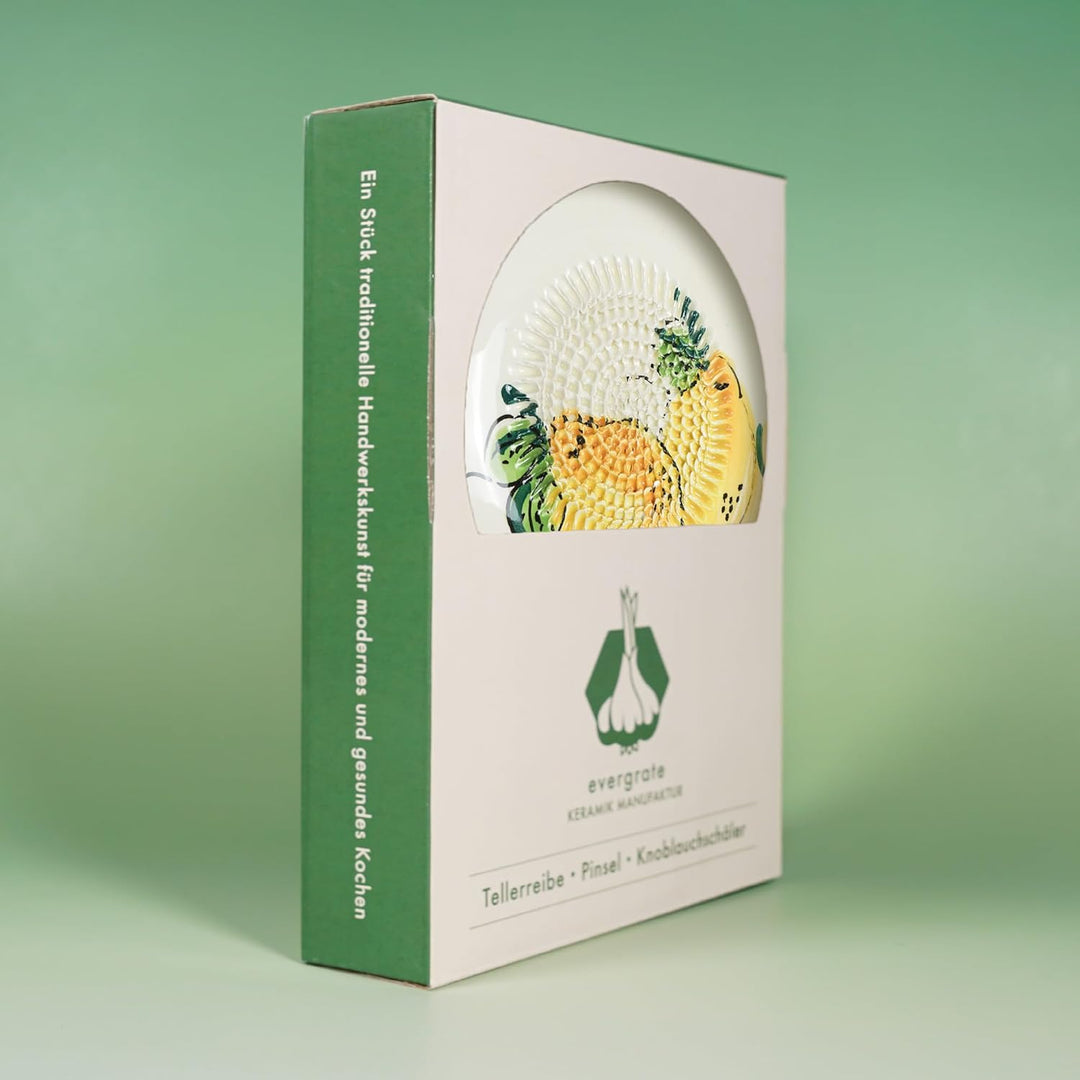 Evergrate® Keramikreibe Melissa mit Geschenkbox – mit Reibe, Knoblauchschäler, Rezeptheft & Pinsel –