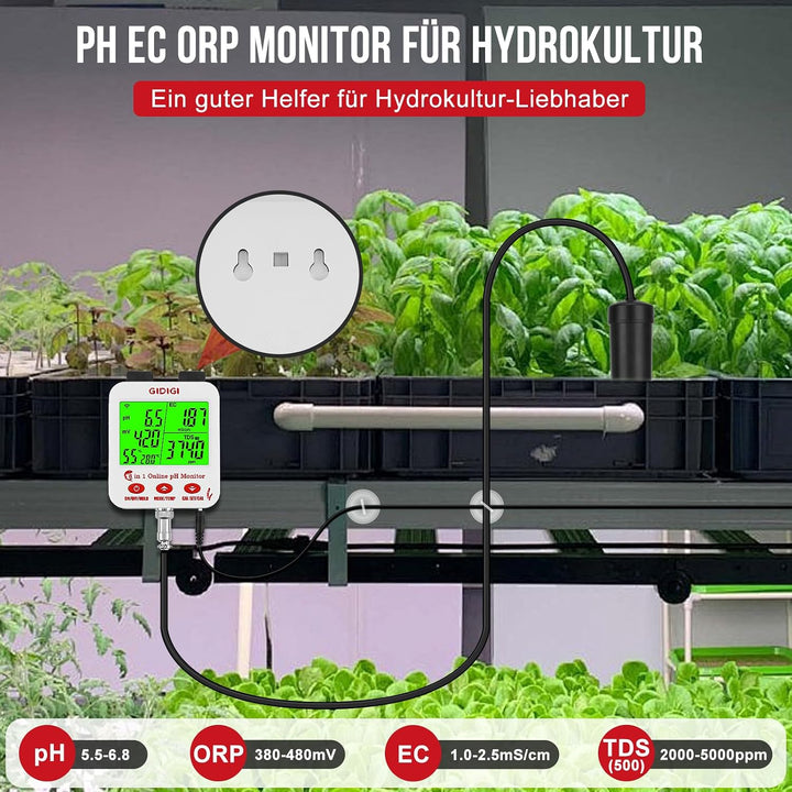 Online pH und Salzmessgerät für Aquarien mit WLAN Echtzeit pH und EC, 8-in-1 Aquarien pH Testkit, pH