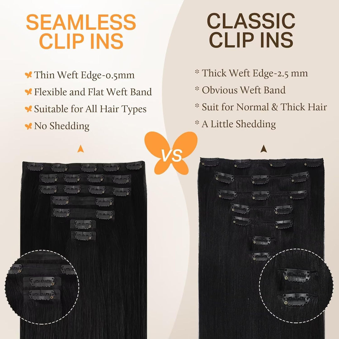 DOORES Echthaar Extensions Seamless, Tief Schwarz 35cm 14 Zoll 7 Stück 110g Remy Menschlich Clips in