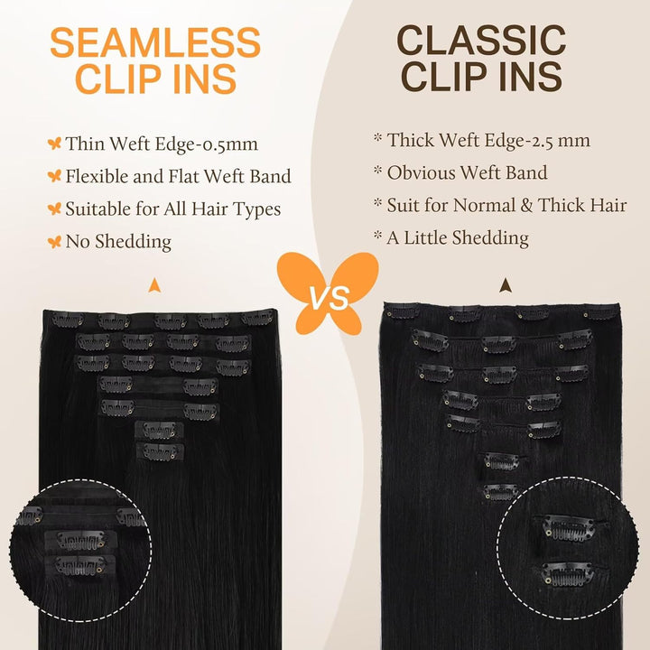 DOORES Echthaar Extensions Seamless, Tief Schwarz 35cm 14 Zoll 7 Stück 110g Remy Menschlich Clips in