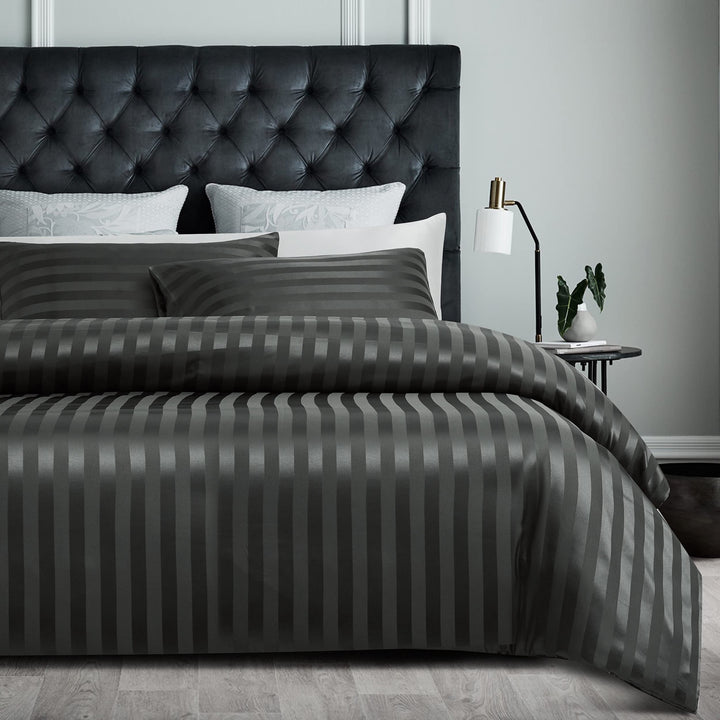Damier Satin Bettwäsche 155x220cm Grau glänzend gestreift Bettwäsche Set hochwertiges Seidig glatt L