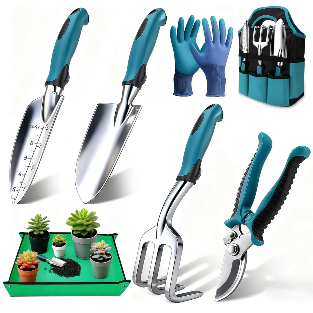 Gartenwerkzeug Set 7-teilig – Robustes Gartengeräte Set aus poliertem Aluminium mit Ergonomischem Gr