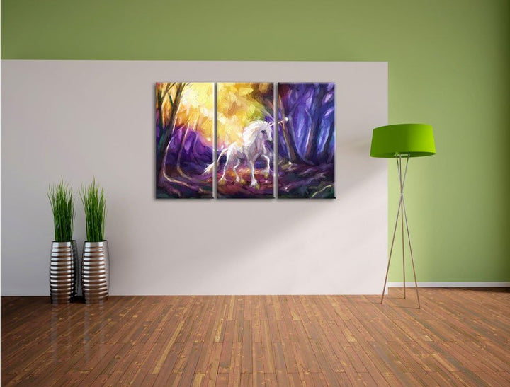 Pixxprint Einhorn im Märchenwald als Leinwandbild/Grösse: 3 Teilig (120x80) cm/Wandbild/Kunstdruck/f