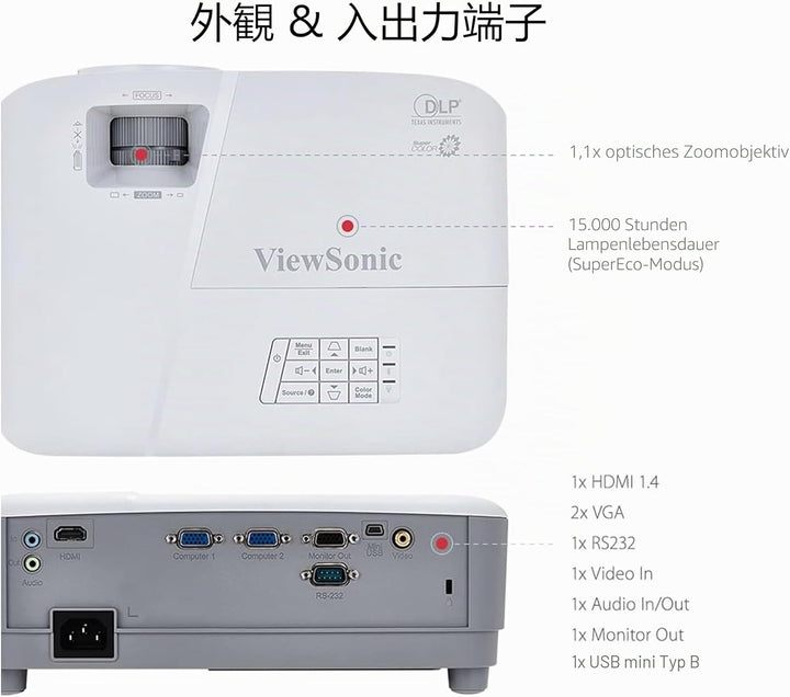 Viewsonic PA503W 3D Heimkino DLP Beamer (WXGA, 3.600 ANSI Lumen, HDMI, 2 Watt Lautsprecher, 1.1x opt