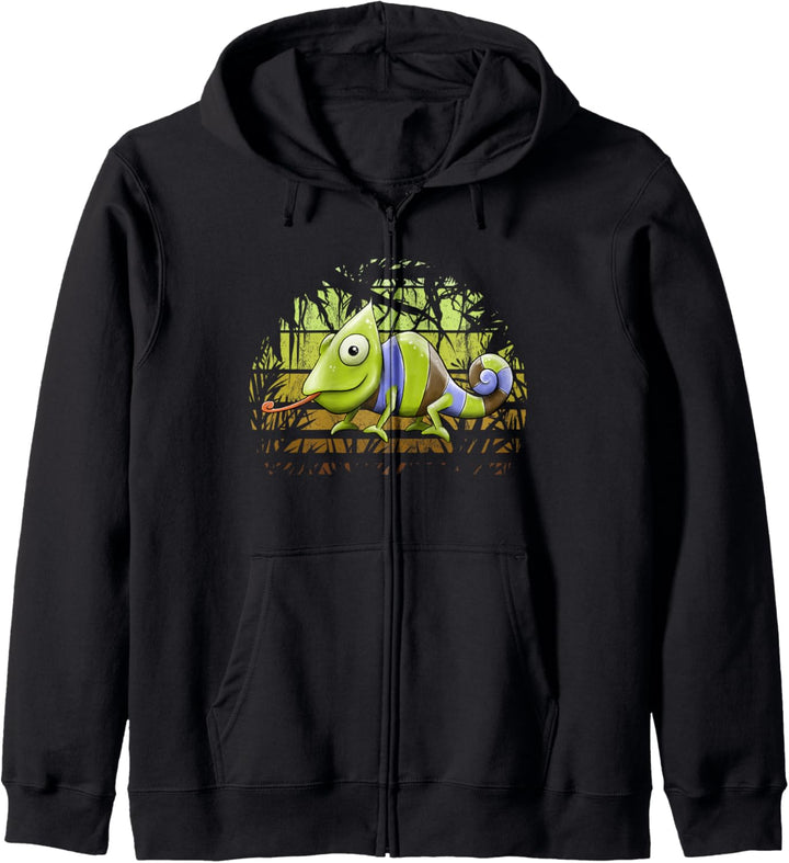 Retro Dschungel Lustige Echsen Zeichnung Chamäleon Kapuzenjacke