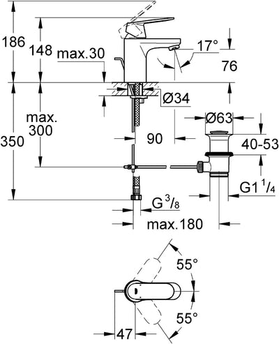 GROHE Eurosmart Cosmopolitan - Einhand-Waschtischarmatur (einstellbare Mengenbegrenzung, Schnellbefe