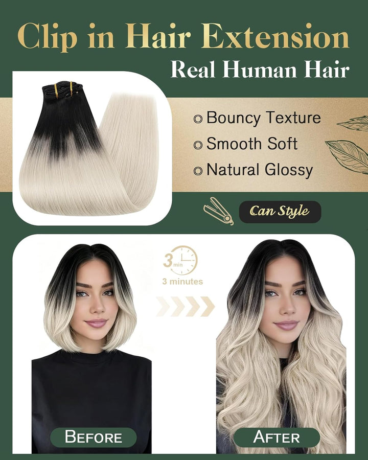 Ugeat Clip in Extensions Schwarz Blond Haarextension Echthaar Clips 55cm Schwarz bis Aschblond mit P