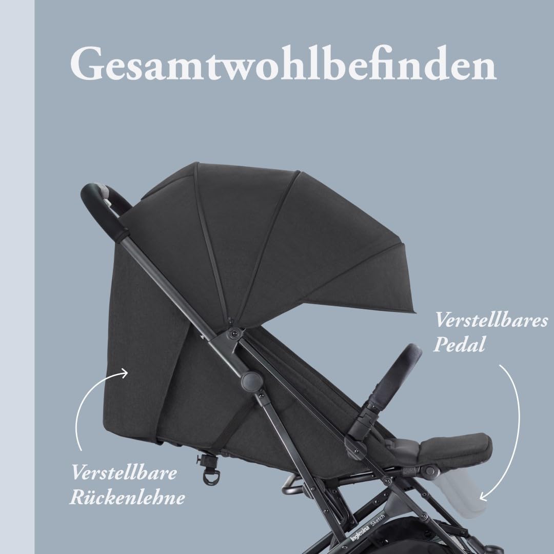Inglesina Sketch Kinderwagen Leicht und Kompakt, Schwarz, Bequem, bis zu 17kg, Einhand-Faltung, UPF
