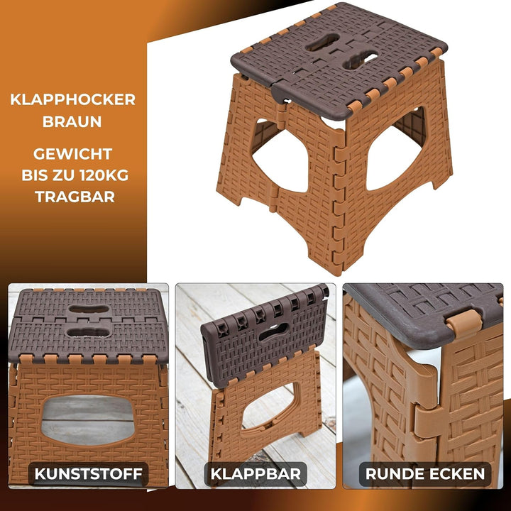 Klapphocker S (32,5×28,5×27 cm) Braun – Tritthocker faltbar bis 120 kg – rutschfest & tragbar – Kuns