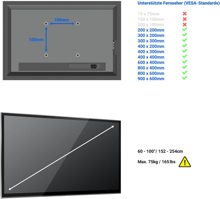 deleyCON Universal TV Wandhalterung 60"-100" Zoll (152-254cm) Neigbar - 75Kg - bis VESA 900x600 - Pl