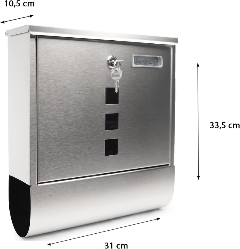 Grafner Design Edelstahl Briefkasten mit Zeitungsfach, abschliessbar – 2 Schlüssel inkl., 3 Sichtfen
