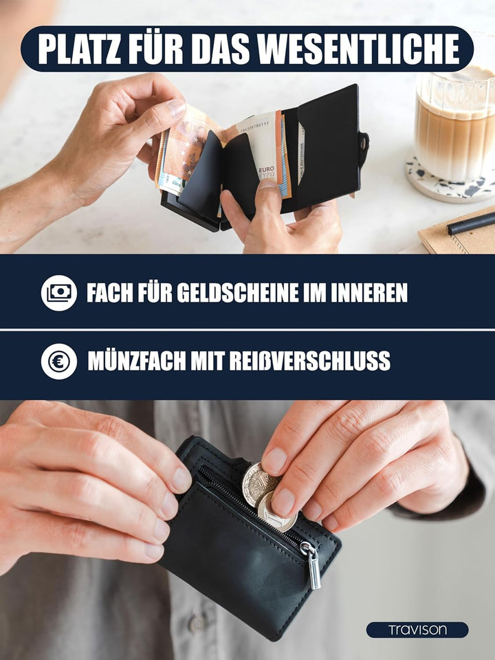 Travison® SMART Wallet mit Münzfach und Geldscheinfach - Kartenetui mit Münzfach und Schnellzugriff