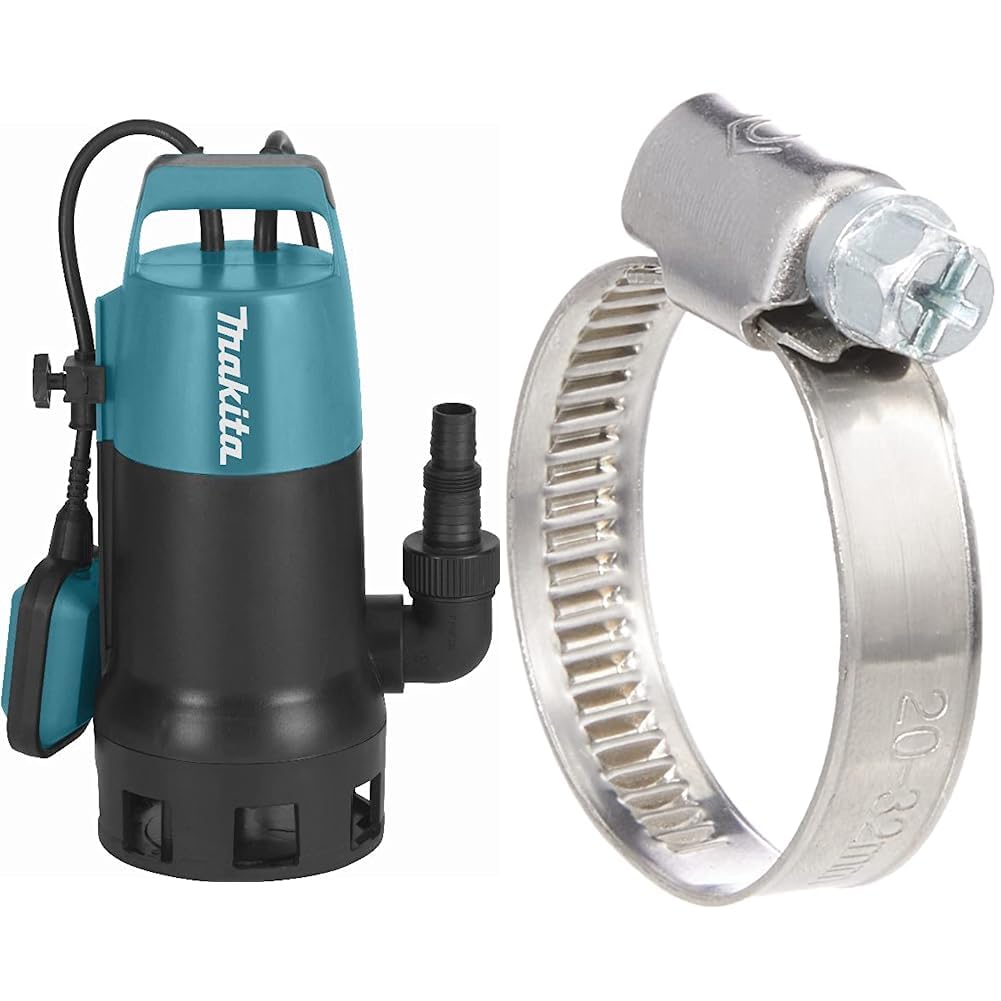Makita PF1010 Tauchpumpe Klar-/Schmutzwasser 14.400 l/h, 6 x 210 mm &amp; Cornat Schlauchschelle - Ø 20-