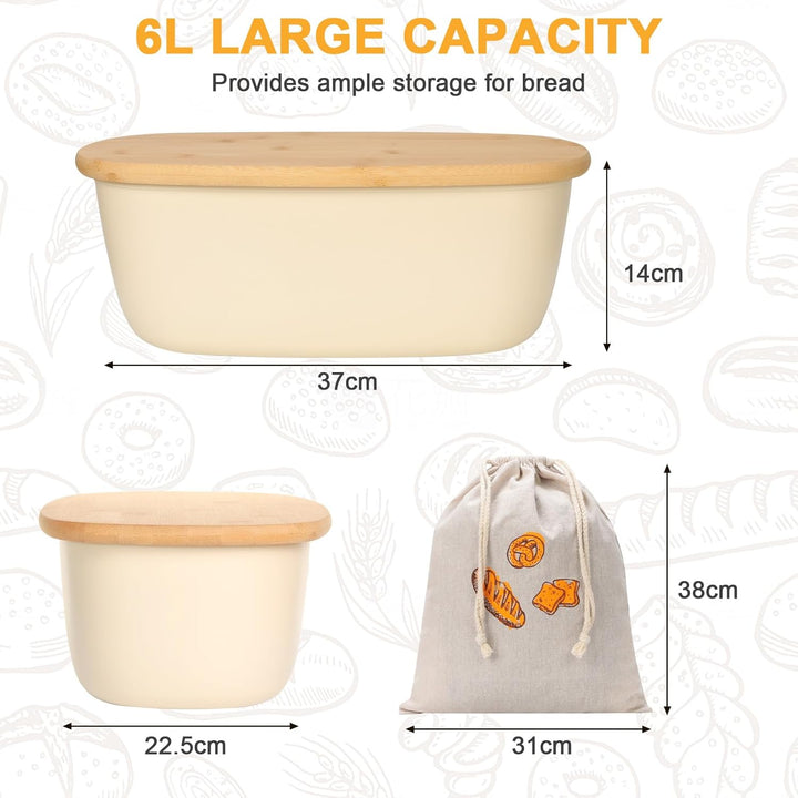 Cozary Brotkasten mit Bambusdeckel, 6L Grosser Brotbox mit Leinen Brotbeute, 37x22.5x14cm, Anti-Ruts