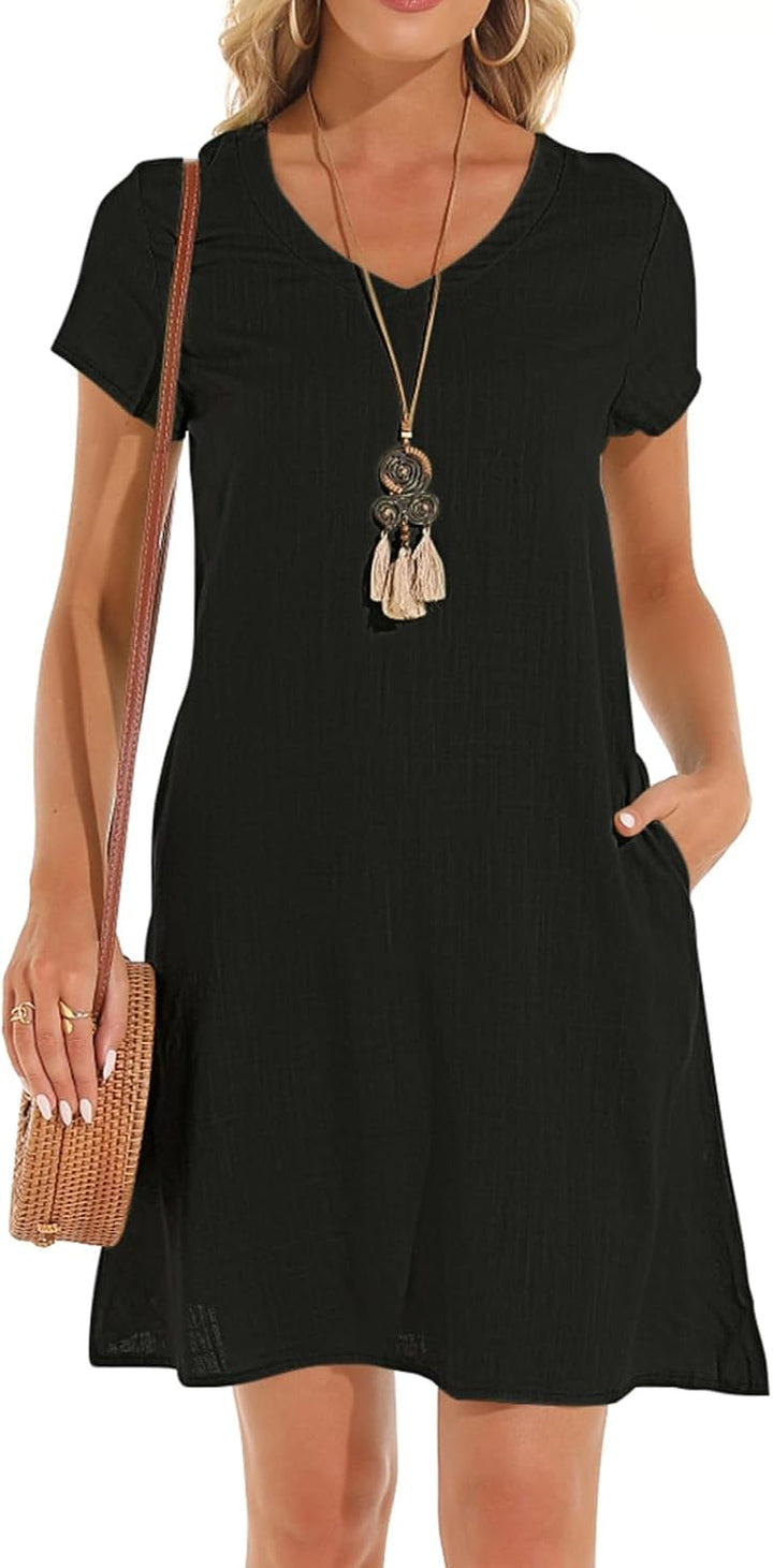 Tincini Sommerkleid Damen Leinen Kleider Casual V-Ausschnitt Midikleid Kurzarm A-Linie Kleid Strandk