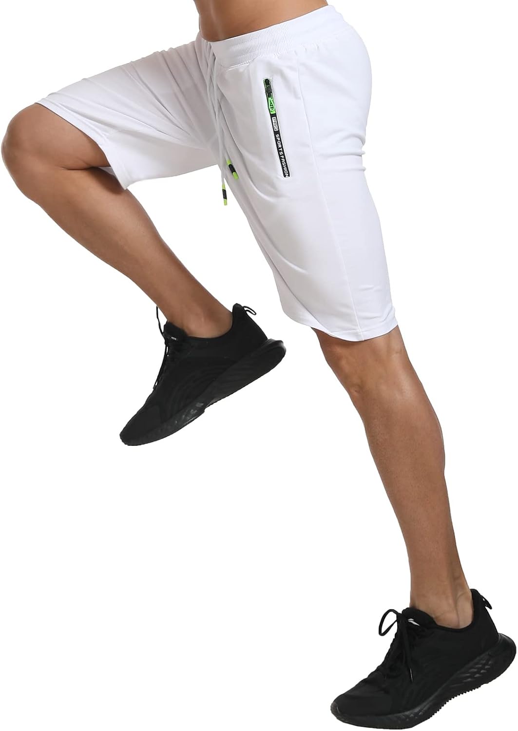 JustSun Herren Shorts Kurze Sporthose Baumwolle Stretchstoff mit Reissverschluss, M Wei&amp;