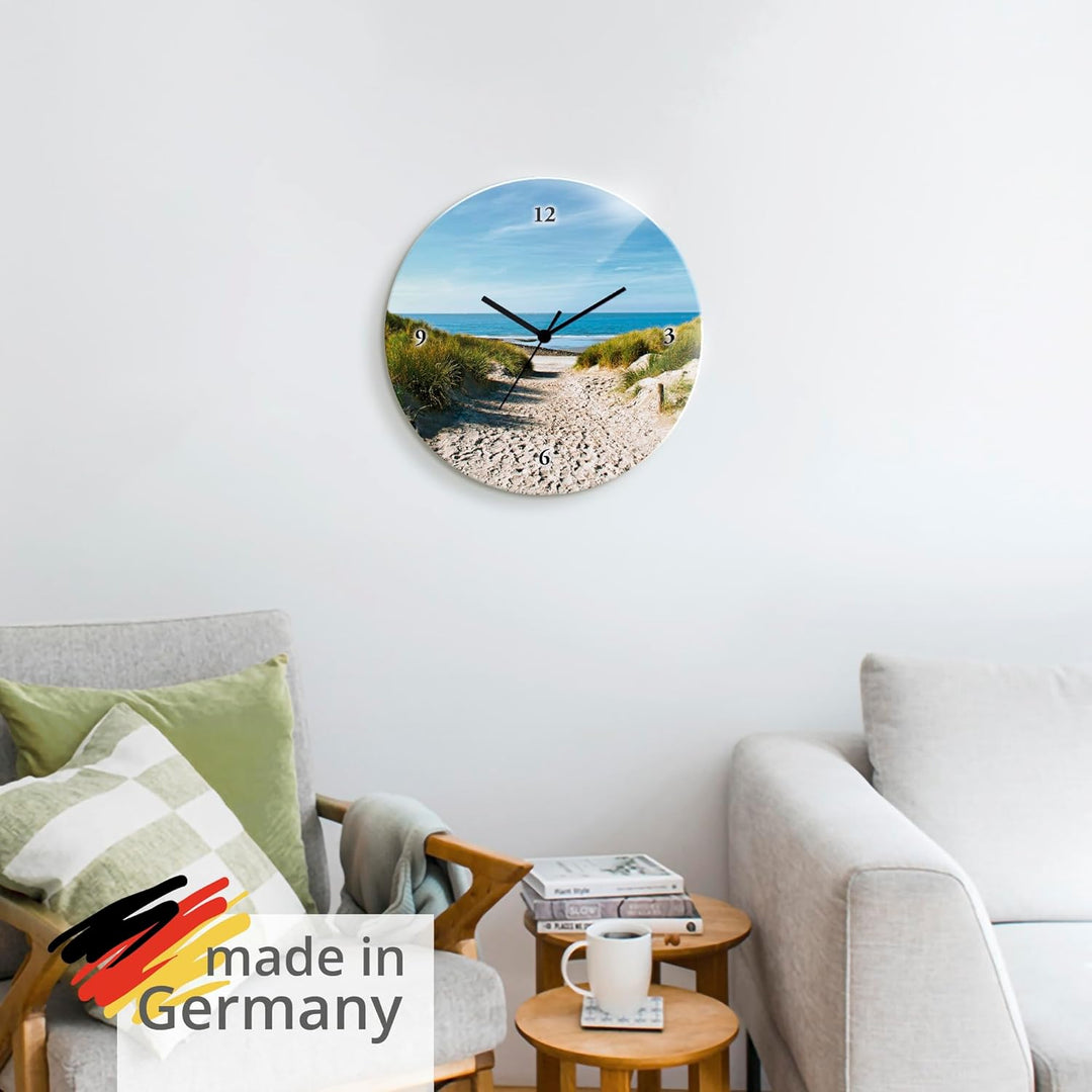 ARTLAND Wanduhr ohne Tickgeräusche Glas Funkuhr Ø 30 cm Rund Lautlos Strand Sanddünen Weg zur See St