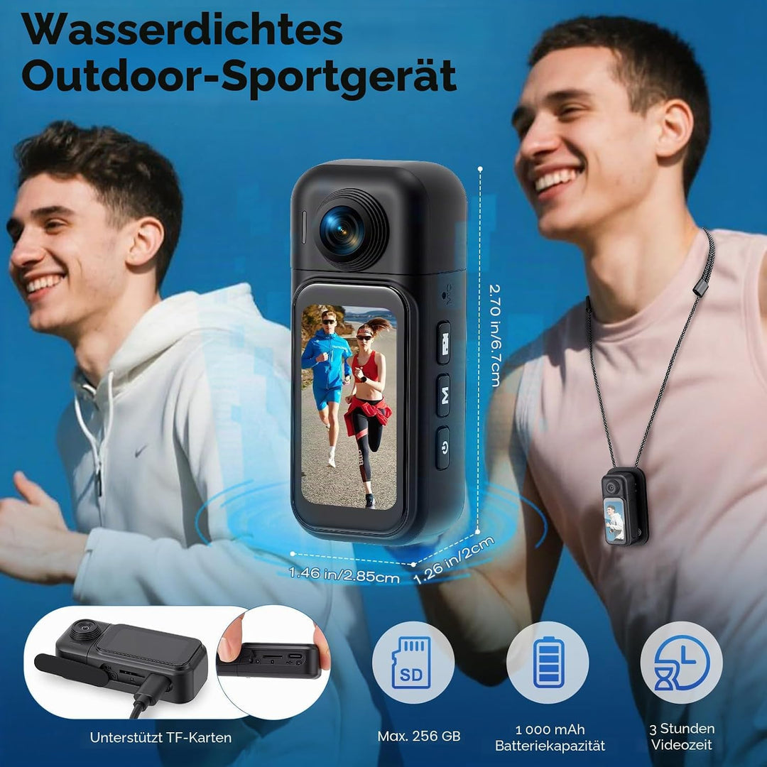 Mini Action Cam WIFI 1080P, 360° 64GB Sport Actionkamera HD mit 180° Rotierendem Objektiv,Touchscree