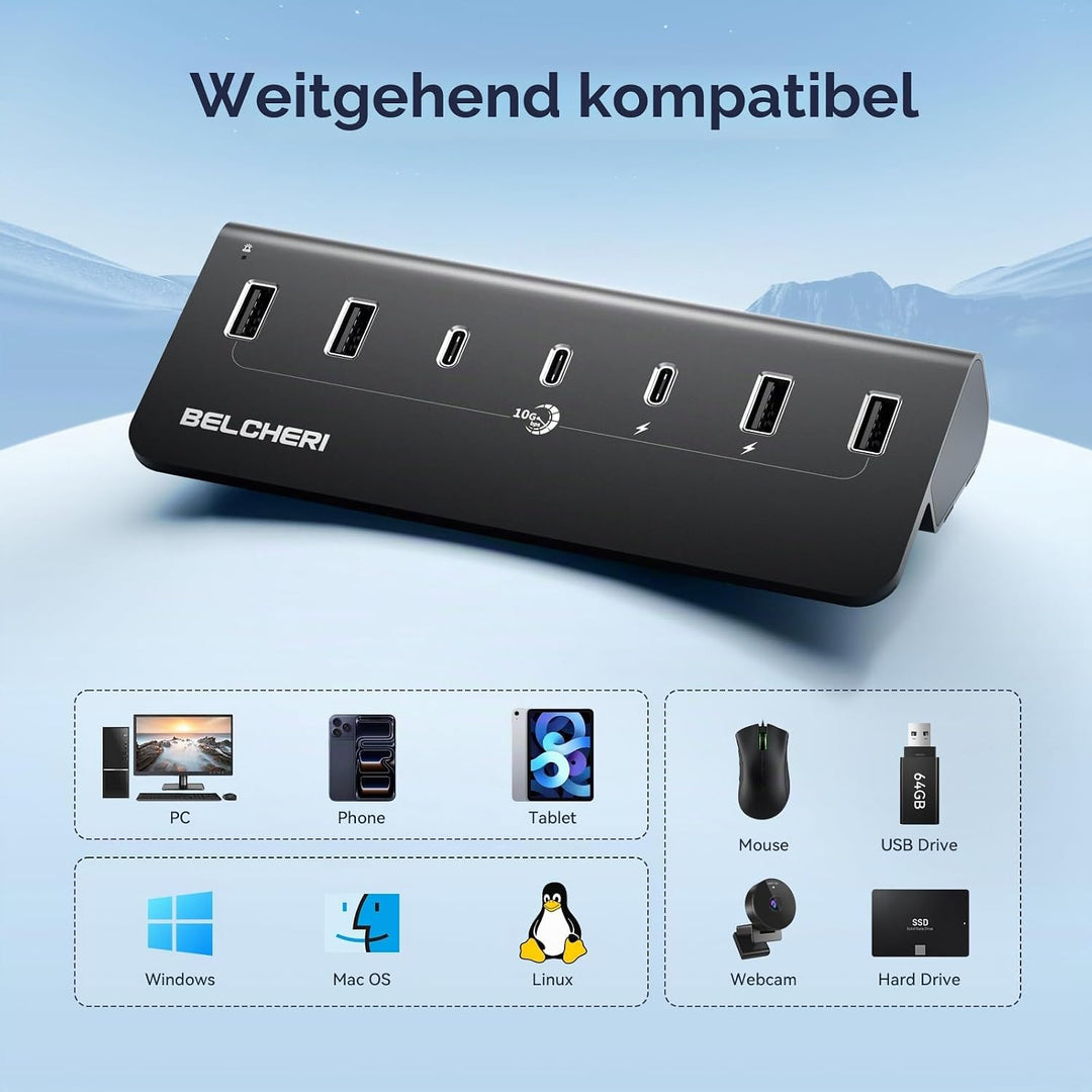 7 Port USB C Hub mit Netzteil, USB 3.2 Gen 2, 10Gbit/s Schneller Datenhub, Vollaluminium-Verlängerun