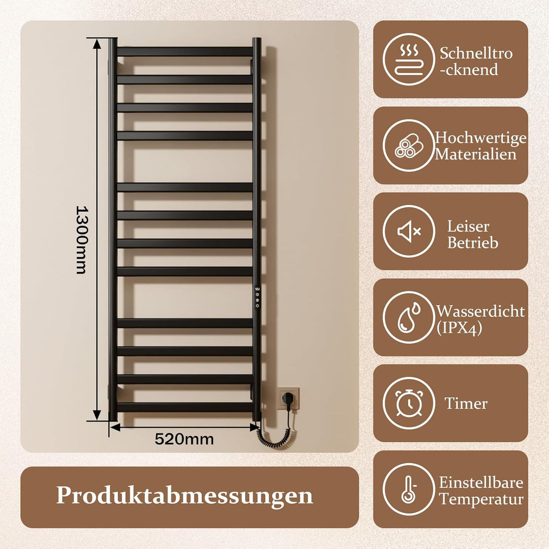 Handtuchheizkörper Elektrisch, Badheizkörper Handtuchhalter, Wählbare Temperatur, Touch Control LED-