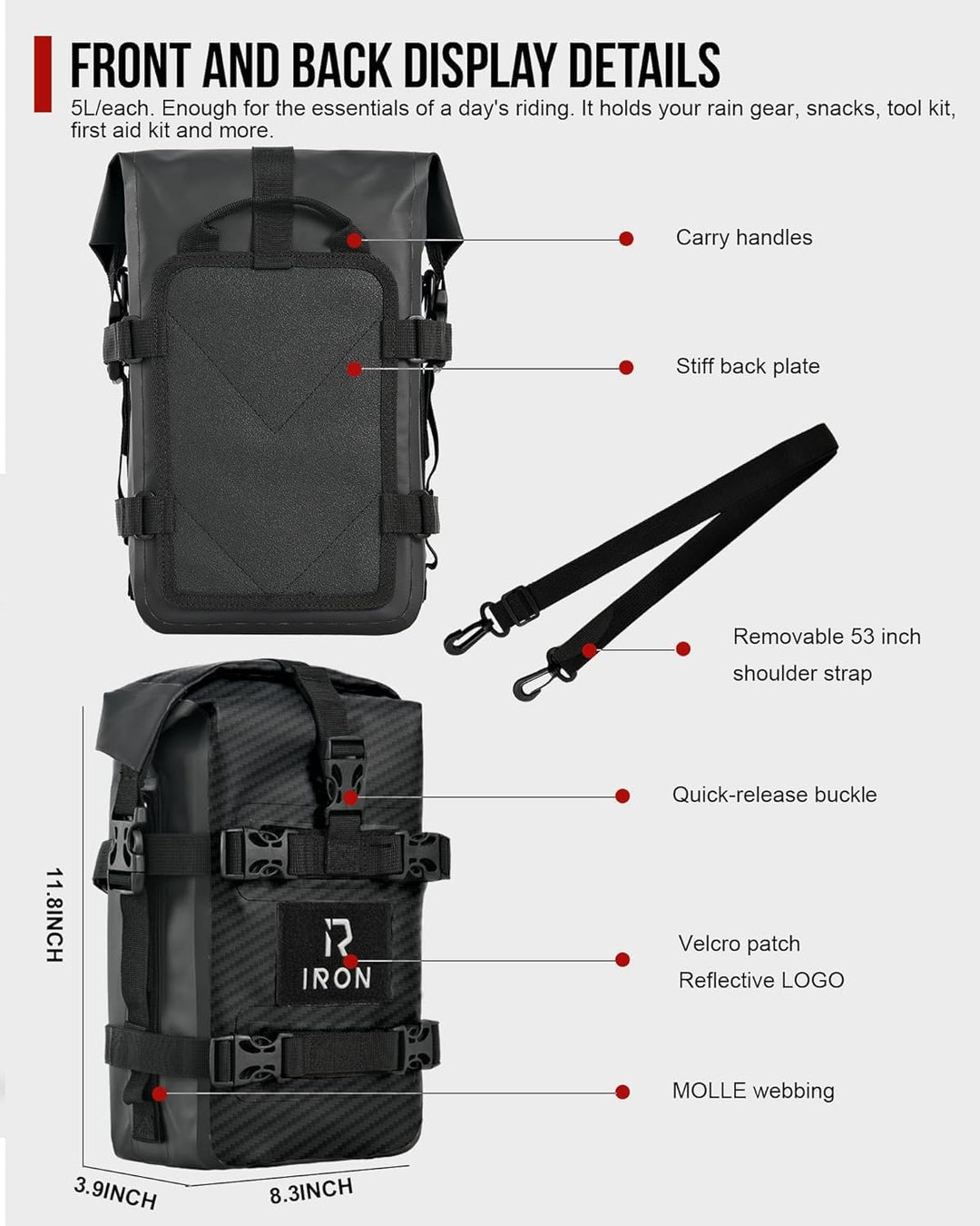 RIDEIRON Sturzbügeltaschen Motorrad – 2×5L wasserdichte Crash Bar Bags aus 500D PVC, robuste Univers