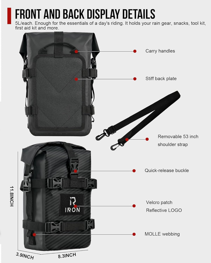 RIDEIRON Sturzbügeltaschen Motorrad – 2×5L wasserdichte Crash Bar Bags aus 500D PVC, robuste Univers