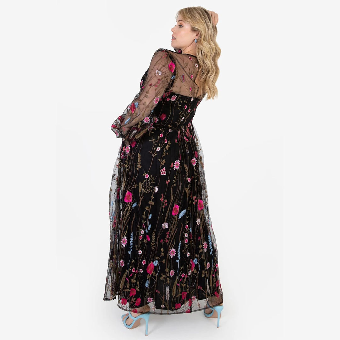Ladies Maxi Dress for Women Plus Size Curve Embroidered Flowers Mesh Long Sleeve Bishop V Neckline S