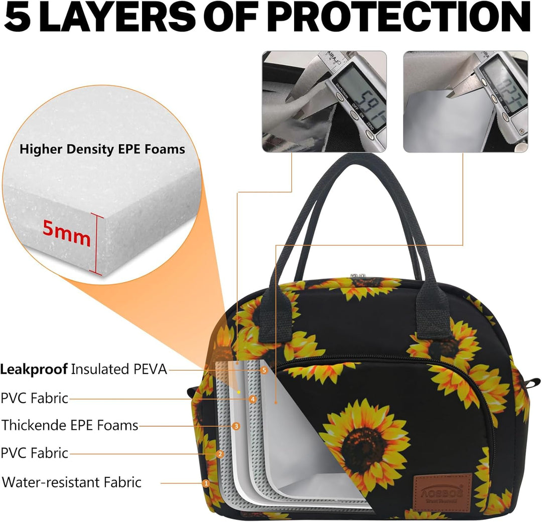 AOSBOS Isolierte Lunchtasche, 12 l, grosse Lunchtasche aus wasserdichtem Futter, für Damen, Sonnenbl
