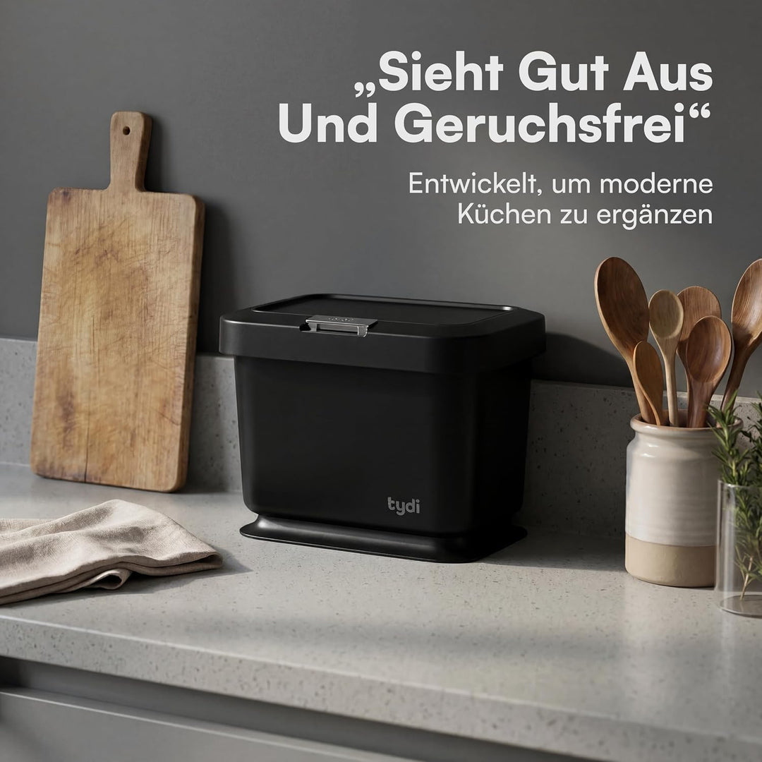 Tydi 4,5L Küchen-Biomüllbehälter mit Druckknopfdeckel - Komposteimer für die Küche - Rutschfester Bo